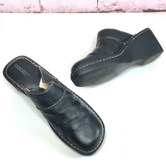 CHEROKEE Genuine Leather Size 9.5 Black Chunky Wedge Block Heel Clog Mules - Picture 14 of 15